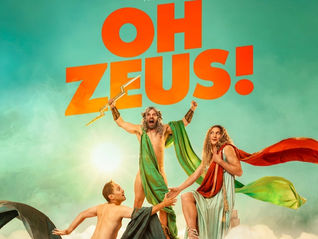 Poster with three toga-clad figures on clouds; one raises a lightning bolt. Large orange text reads OH ZEUS!