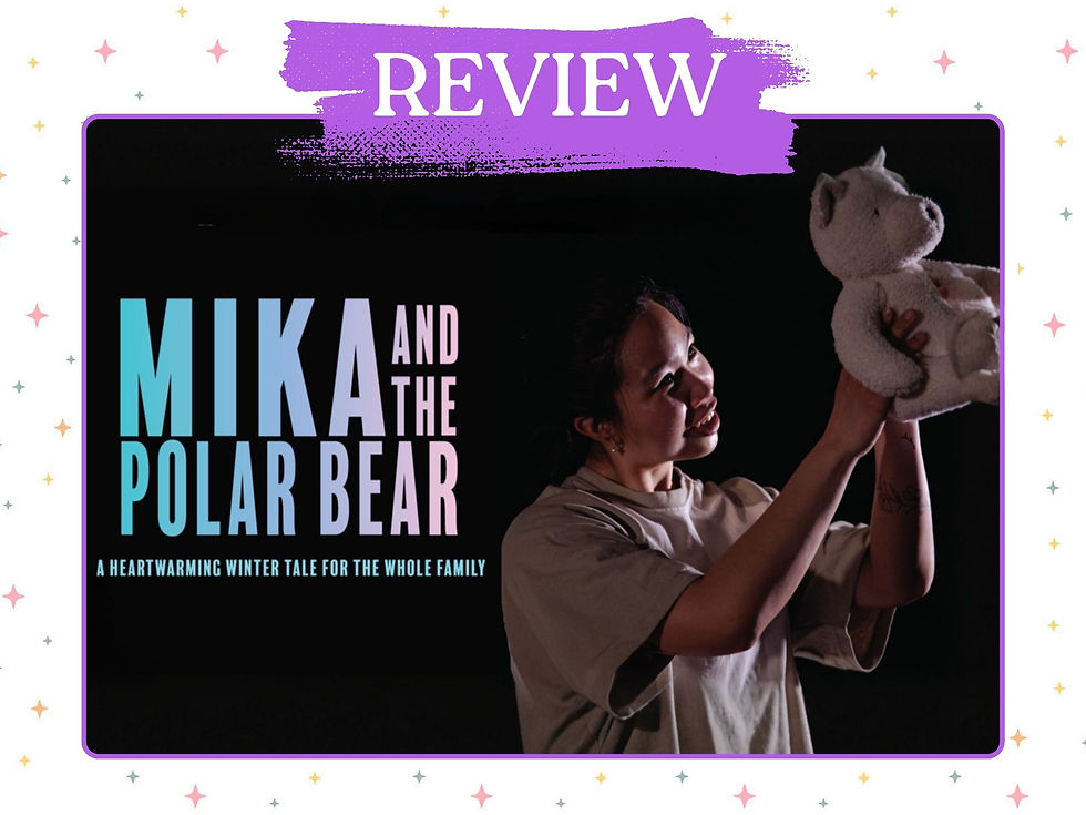 Person holding a plush polar bear, smiling, against a dark background. Text: "MIKA AND THE POLAR BEAR, a heartwarming winter tale for the whole family."