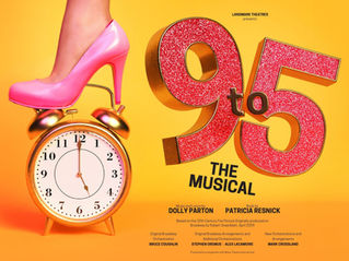 Pink high heel on gold alarm clock, glittery "9 to 5 The Musical" text. Vibrant yellow background, bold and playful mood.