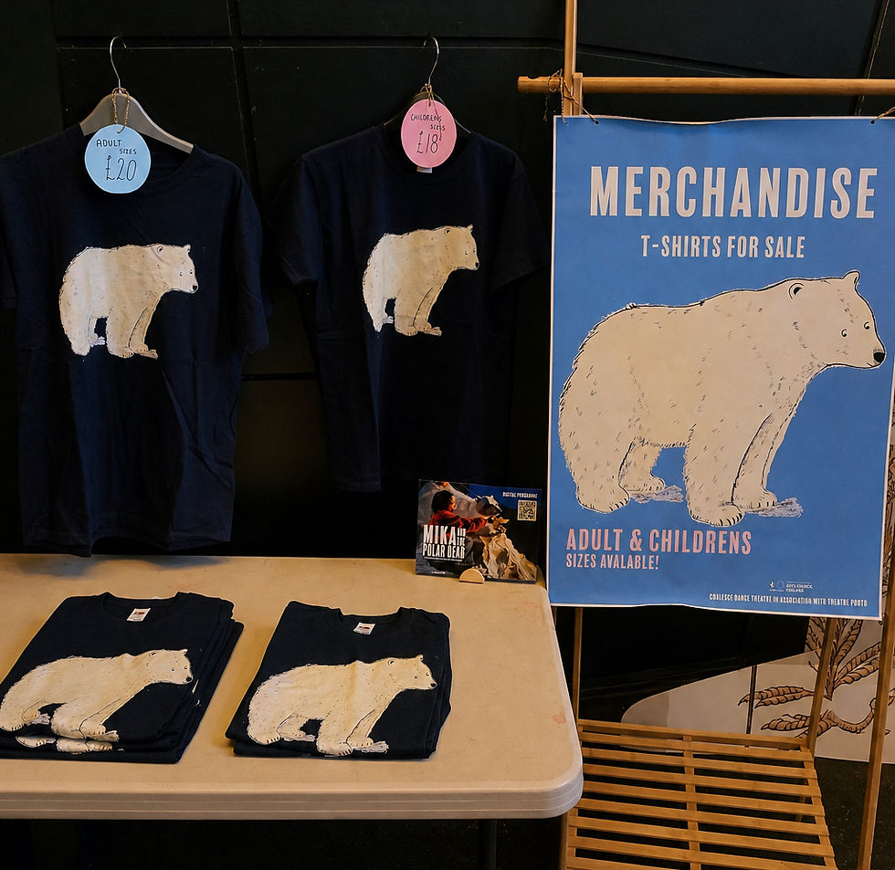 Navy T-shirts with white bear prints displayed on a table and hangers. A blue poster reads "Merchandise T-Shirts for Sale." Prices: £20-£18.