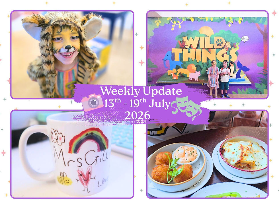 Weekly Update 13th-19th July 2026 collage: child in lion costume, Wild Things backdrop, decorated mug, and plated food
