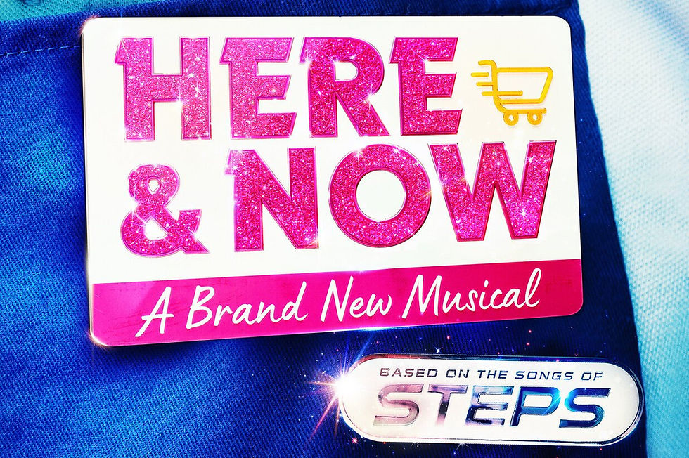 Poster with pink glitter text "HERE & NOW" over blue fabric. Subtext: "A Brand New Musical." Metallic label: "BASED ON THE SONGS OF STEPS."