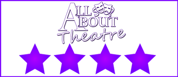Text "All About Theatre" with comedy/tragedy masks above "Theatre" in white on a black background. Four purple stars line the bottom.