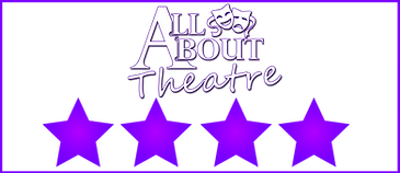 Purple text "All About Theatre" with masks and four stars on a black background. A theatrical and artistic mood is conveyed.
