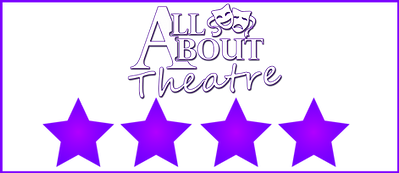 Text "All About Theatre" with comedy/tragedy masks above four purple stars on a black background. Bright and theatrical mood.