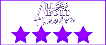 Purple-bordered poster with "All About Theatre" text and three purple stars on a white background, conveying a theme of theater arts.