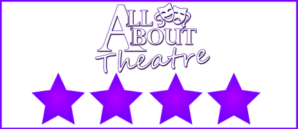 "All About Theatre" logo with two comedy masks, stylized text, and four purple stars on a black background, framed by a purple border.