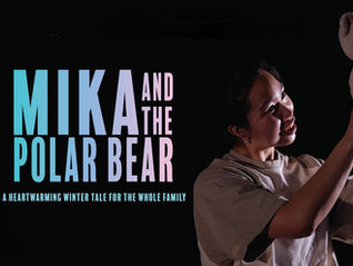 Person holding a plush polar bear joyfully. Text: "Mika and the Polar Bear. A heartwarming winter tale for the whole family." Black background.