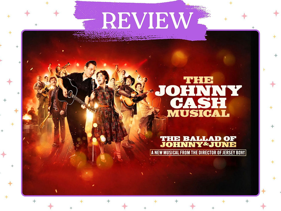 Promotional artwork for The Ballad of Johnny & June, featuring Johnny Cash and June Carter performing together centre stage with guitars and microphones. The pair are surrounded by musicians and cast members against a glowing red and orange background with stage lights and bokeh effects. Large text reads "The Johnny Cash Musical" and "The Ballad of Johnny & June", with the tagline "A New Musical from the Director of Jersey Boys".