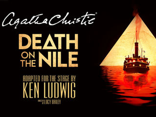 Steamship against pyramid backdrop with red reflection. Text: Agatha Christie, Death on the Nile, adapted by Ken Ludwig, directed by Lucy Bailey.