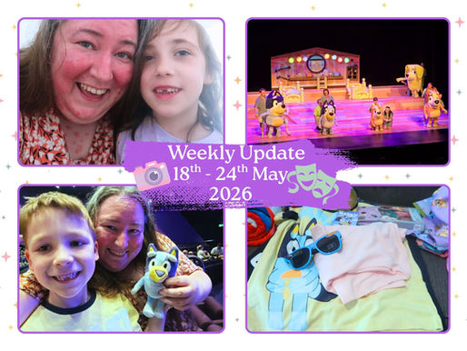 A collage-style thumbnail for a family weekly update video featuring photos of a woman with her children, a Bluey live stage show, and Bluey-themed clothing and accessories. Purple paint-stroke text in the centre reads “Weekly Update 18th - 24th May 2026” with small camera and theatre mask icons on a pastel star-patterned background.
