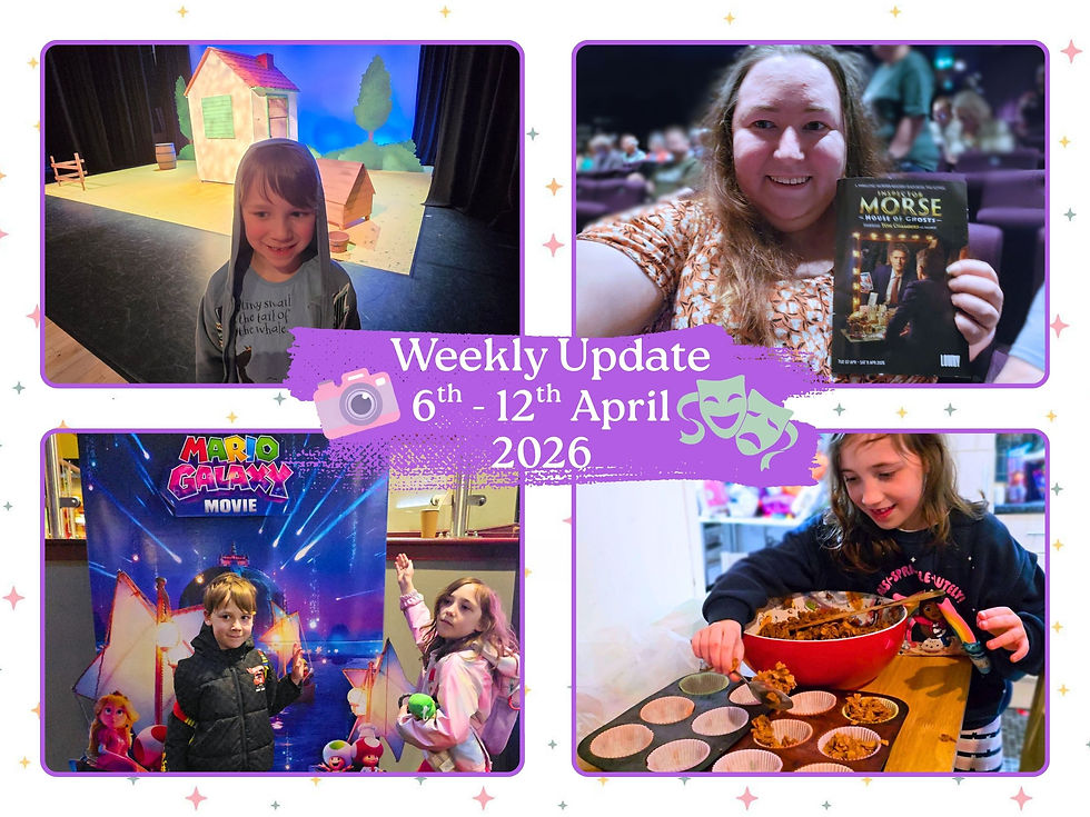 Collage with kids at a theater, a woman holding a Morse poster, children at a Mario Galaxy movie, and a girl baking. Text: Weekly Update 6th-12th April 2026.