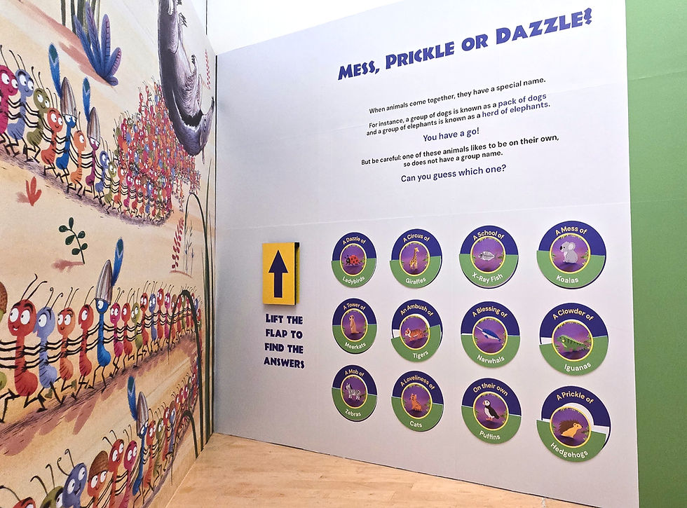 Wild Things Exhibition at the Lowry - Children’s book page titled Mess, Prickle or Dazzle? with lift-the-flap animal group names and colorful cartoon insects on left