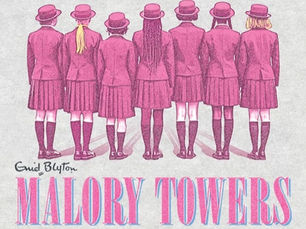 Seven girls in pink school uniforms and hats stand from behind on a book cover reading Enid Blyton Malory Towers.