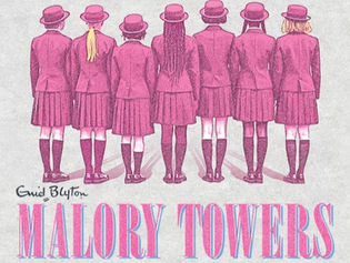 Seven girls in pink school uniforms and hats stand from behind on a book cover reading Enid Blyton Malory Towers.