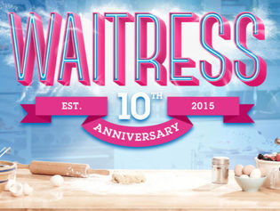 Poster for Waitress 10th Anniversary, with pink neon title over a kitchen counter of baking tools, eggs, bowls, and pies.