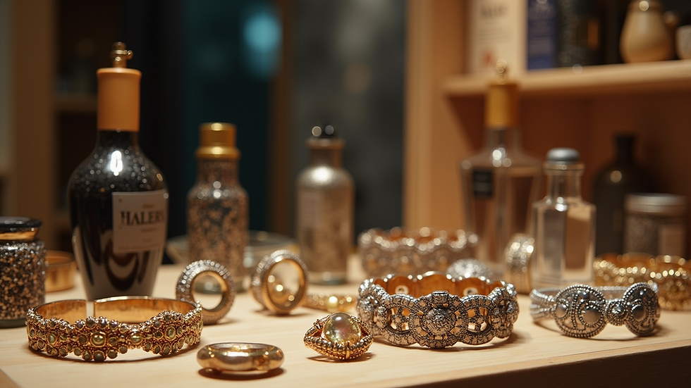 Close-up view of a display featuring unique accessories and bold statement pieces