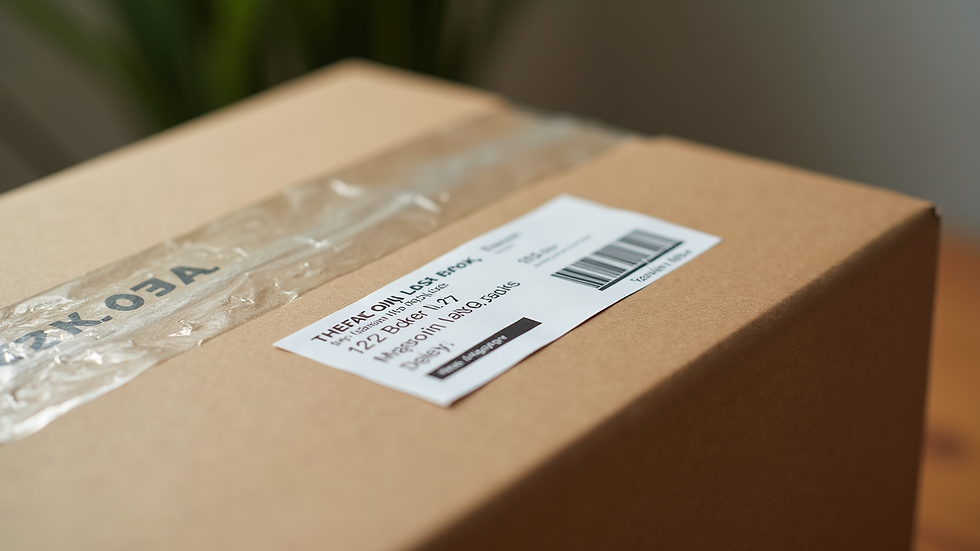 Close-up view of a shipping box with delivery tracking details