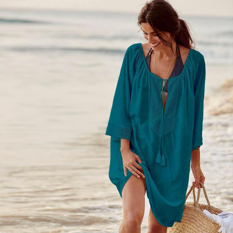 Thumbnail: V-Neck Lace Short Sleeve Beach Coverup Dress for Women