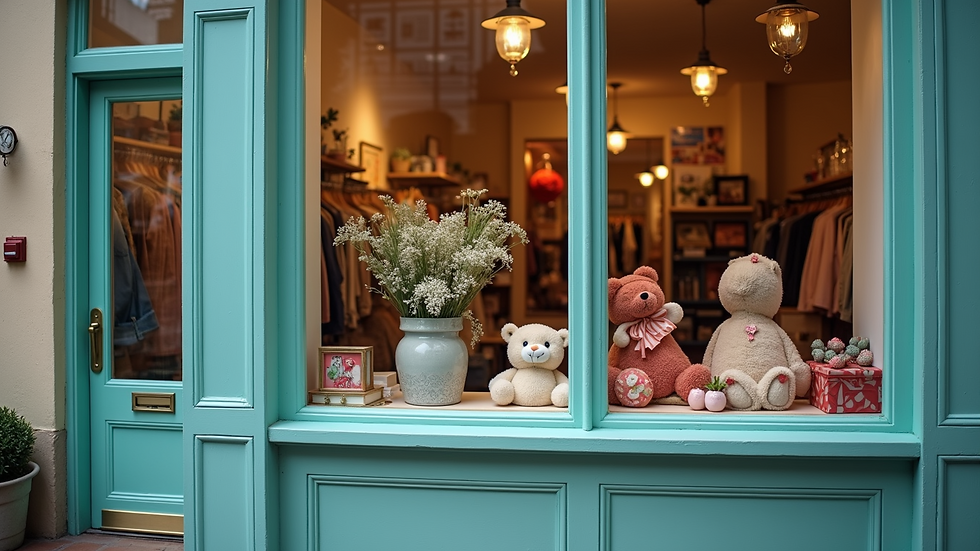 Eye-level view of a quaint local boutique with colorful window displays
