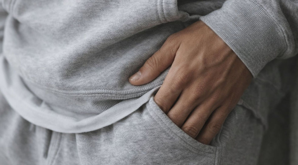 Man in a grey Hoodie and sweatpants with his hand in is pocket.