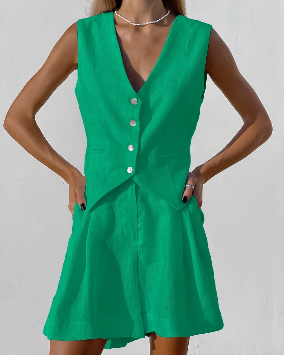 Thumbnail: Linen Vest Women Sleeveless Fully Linend V-Neck Button