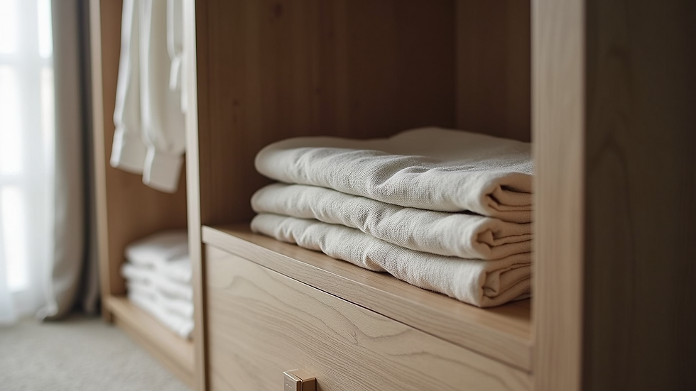 High angle view of a minimalist wardrobe with neatly folded clothes