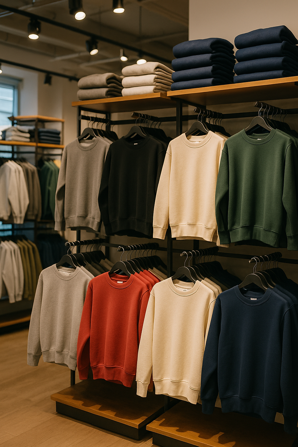 A retail store showing a rack of multi colour variants of unisex sweatshirts