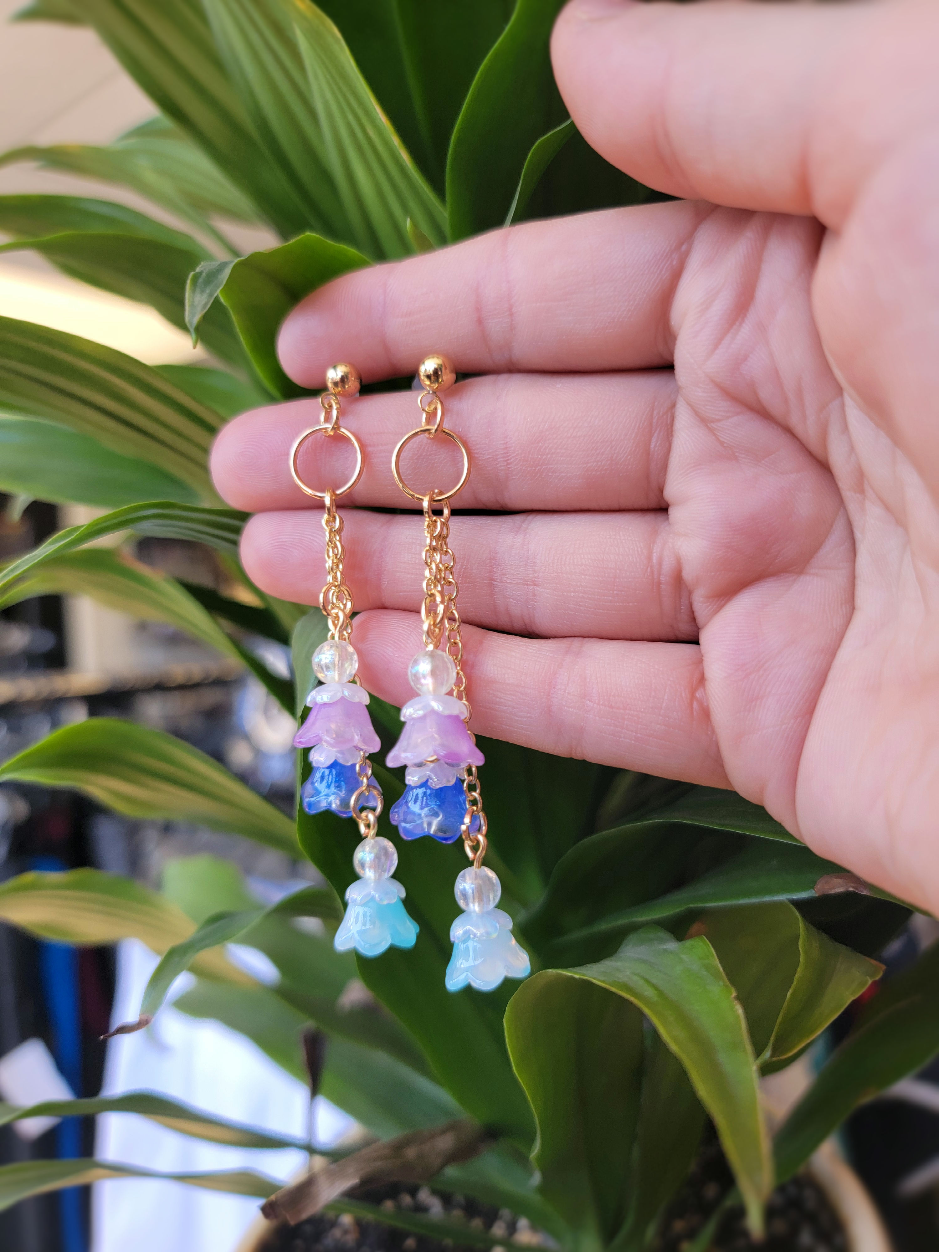 Gold Blue & Purple Floral Dangle Earrings 