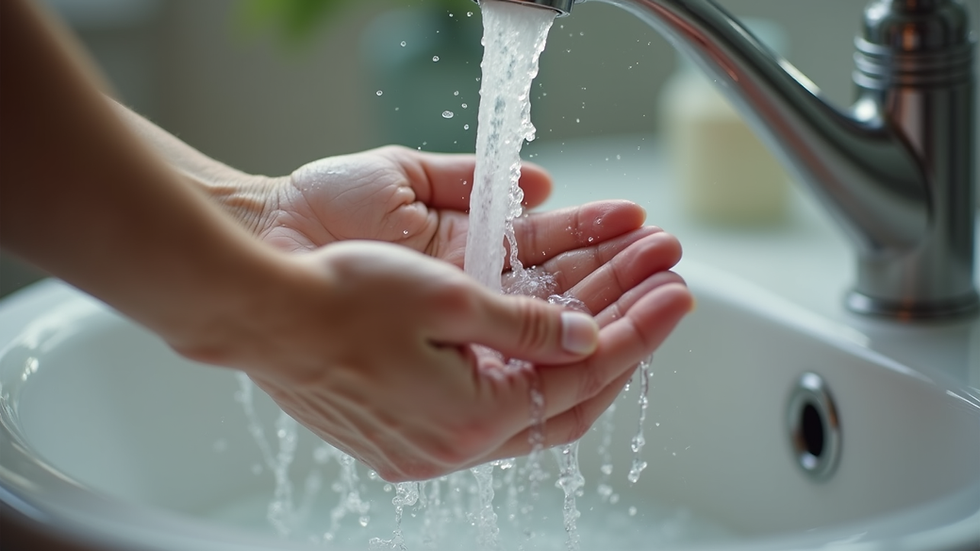 Close-up view of clean hands washing under running water