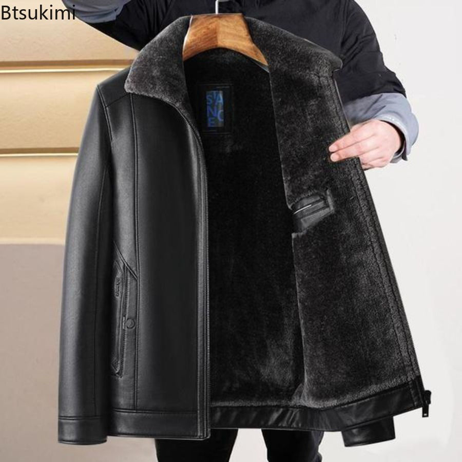 New Men's Leather Jackets Autumn Winter Fleece Warm Motorcycle Coat Fashion Busi
