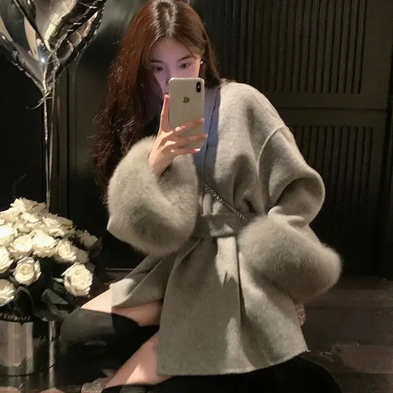 Thumbnail: Tossy Fox Fur Wool Overcoat Women's Short Coat Office Lady Elegant Double-sided 