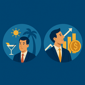 Two illustrated male business professionals in suits shown side by side on a blue background; the left figure stands under sun and palm tree icons with a cocktail glass, representing a lifestyle business owner focused on leisure, while the right figure is surrounded by financial growth symbols including a rising bar chart and dollar coin, representing a value creator focused on business growth and wealth.