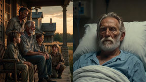 A split-image composition. On the left, a multi-generational family scene at sunset: an older man with a white beard sits on the porch steps of a rustic wooden house, flanked by two young boys in simple clothing who look toward him attentively, while a middle-aged man stands behind them with a hand on the older man’s shoulder. On the right, the same older man, now elderly and frail, lies in a hospital bed wearing a blue gown, with an IV stand and medical equipment visible, gazing upward with a weary expression.