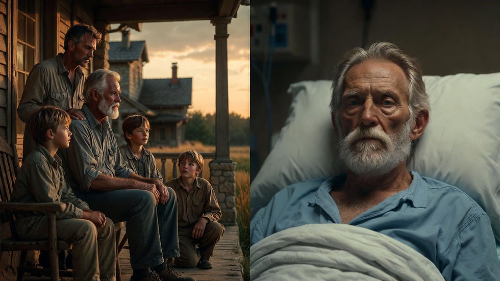 A split-image composition. On the left, a multi-generational family scene at sunset: an older man with a white beard sits on the porch steps of a rustic wooden house, flanked by two young boys in simple clothing who look toward him attentively, while a middle-aged man stands behind them with a hand on the older man’s shoulder. On the right, the same older man, now elderly and frail, lies in a hospital bed wearing a blue gown, with an IV stand and medical equipment visible, gazing upward with a weary expression.