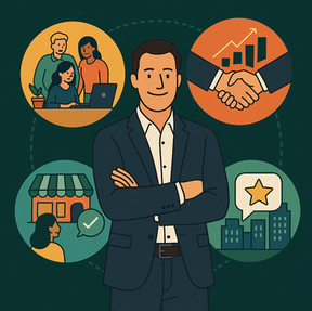 Here is the **alt text** for the image:  > A digital illustration of a confident business owner standing in front of four glowing icons: a lightbulb (Human Capital), a gear (Structural Capital), a group of people (Customer Capital), and a shield with a star (Social Capital). The background is soft and minimal, symbolizing clarity and focus.