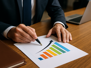 Business professional in a suit reviewing a colorful bar graph with an upward trend on paper at a meeting table, with a laptop and leather portfolio nearby.