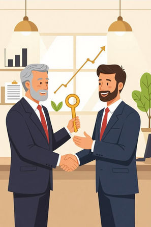 Illustration of an older businessman handing a golden key to a younger professional in an office, symbolizing business succession and transferable value.