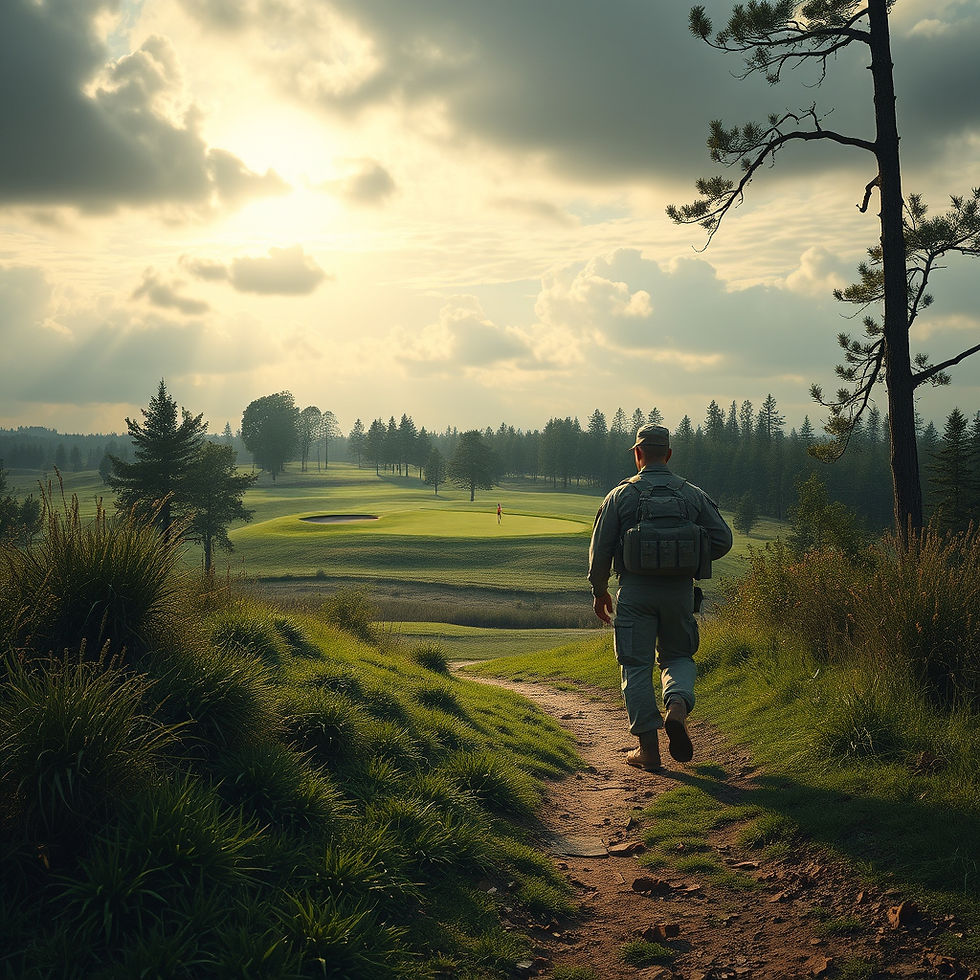 Soldier walking off a battlefield onto a golf course.jpg