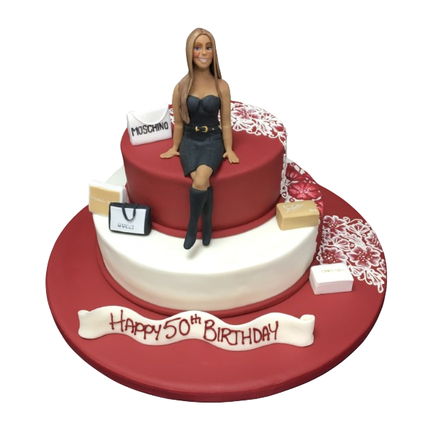 Bespoke two-tier celebration cake with elegant lady silhouette in Solihull, West Midlands.