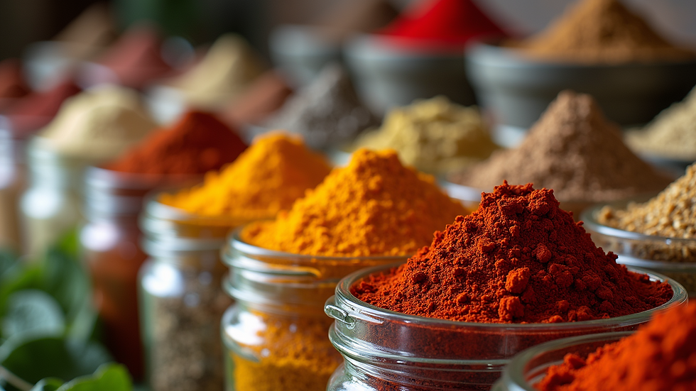 Close-up view of a colorful array of spices in jars