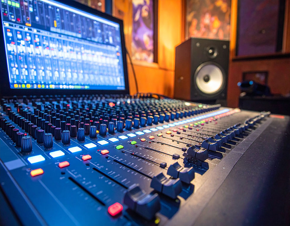 Eye-level view of a sound mixing console with colorful sliders