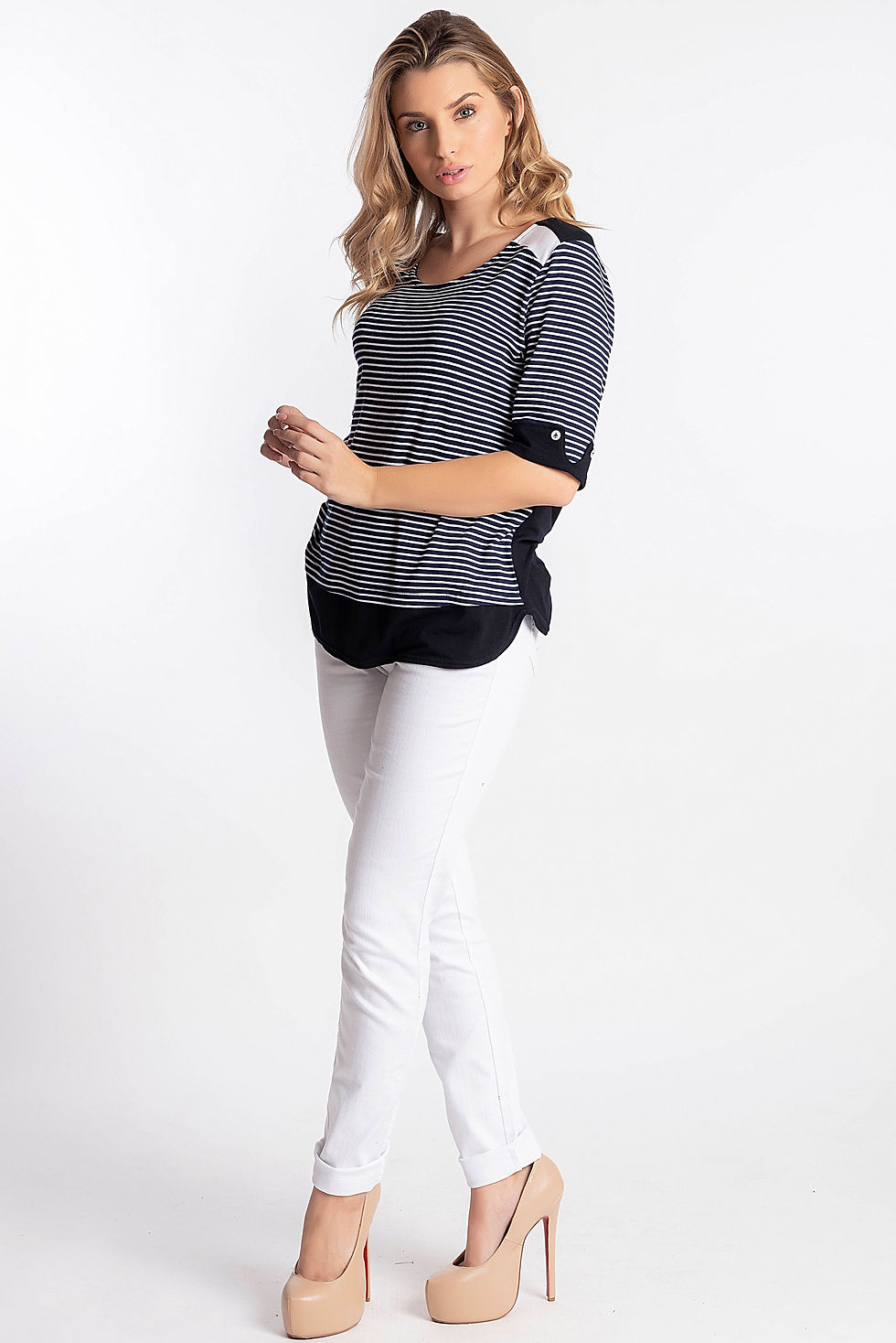 Miniatura: Camiseta de rayas con manga rrancesa y detalles lisos- Natural