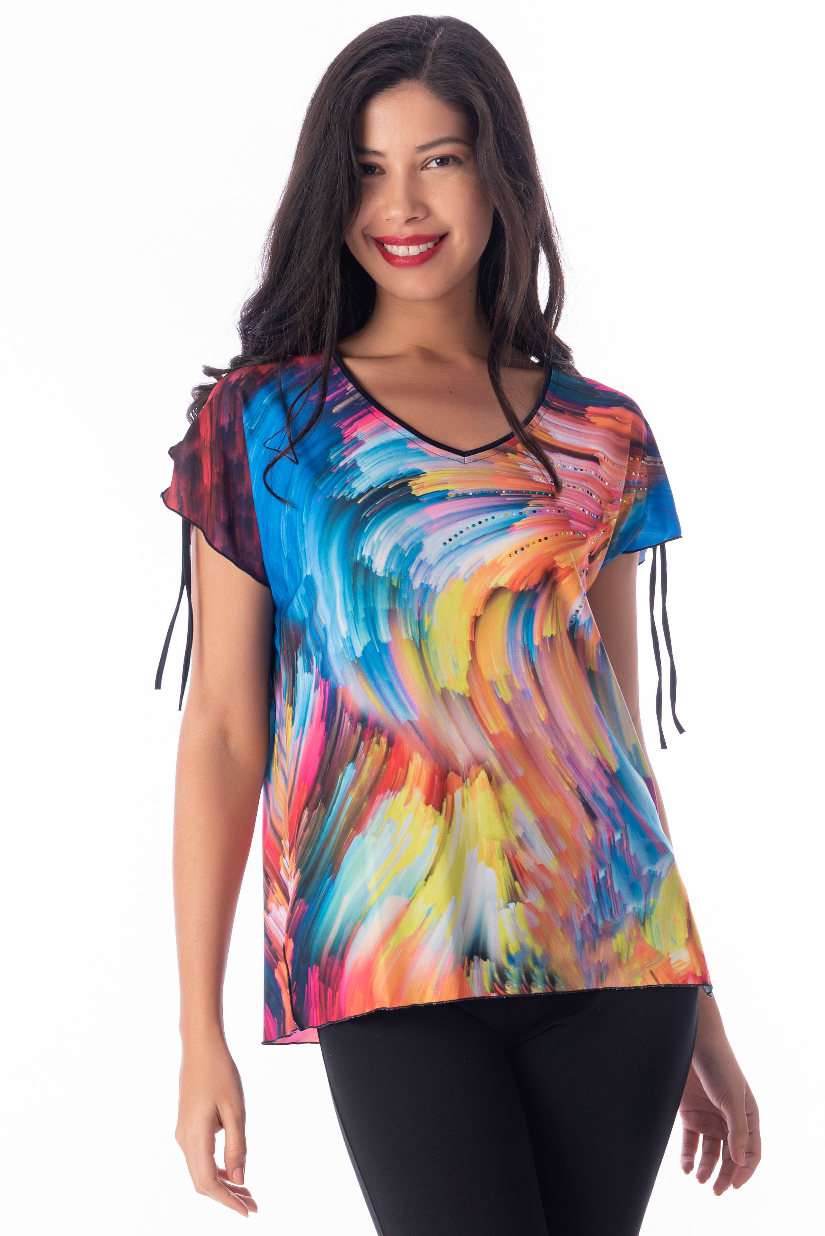 Camiseta manga corta con escote en pico y detalle en mangas- Masquenada