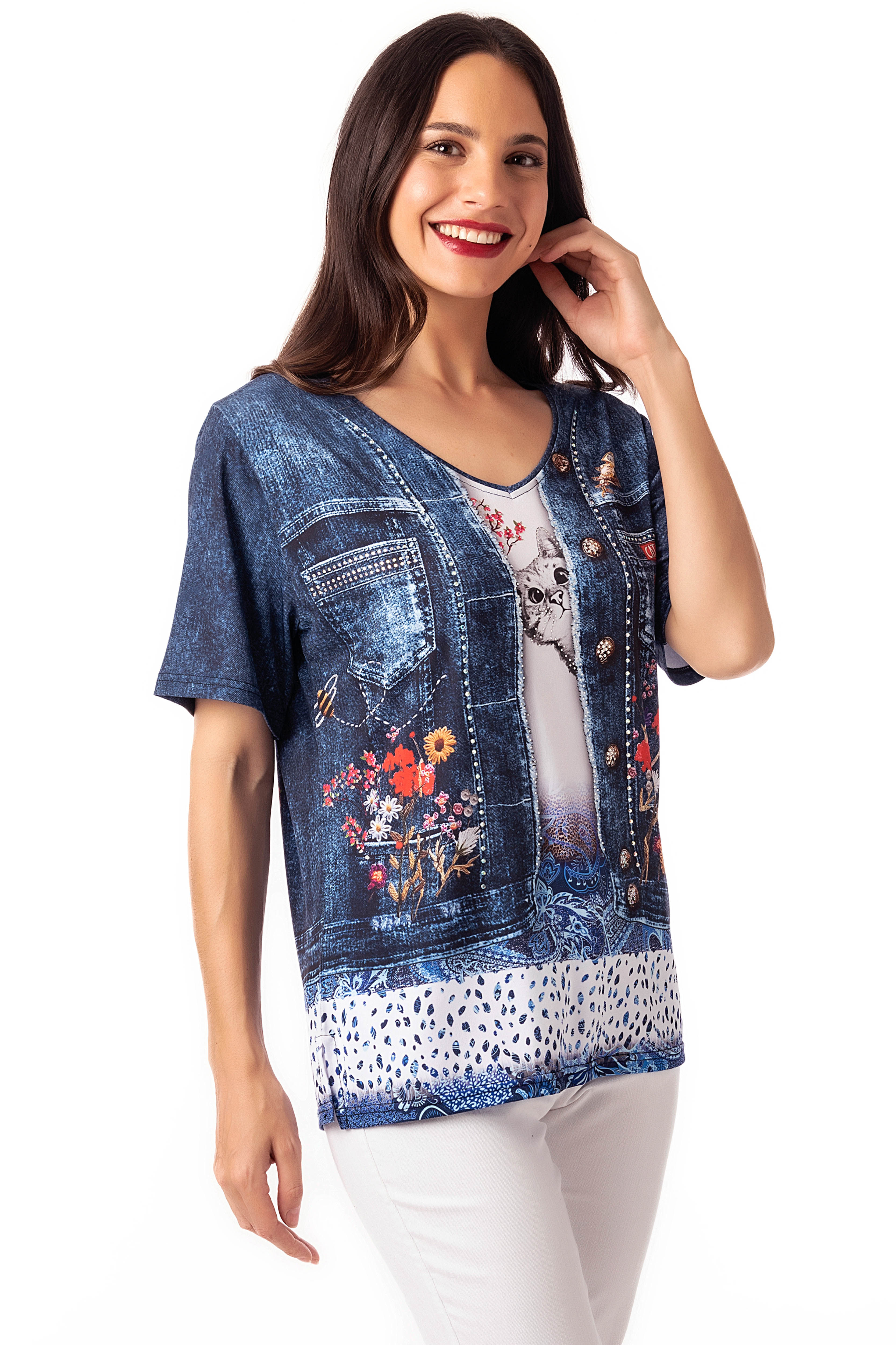 Camiseta estampada manga corta con escote en pico- Masquenada