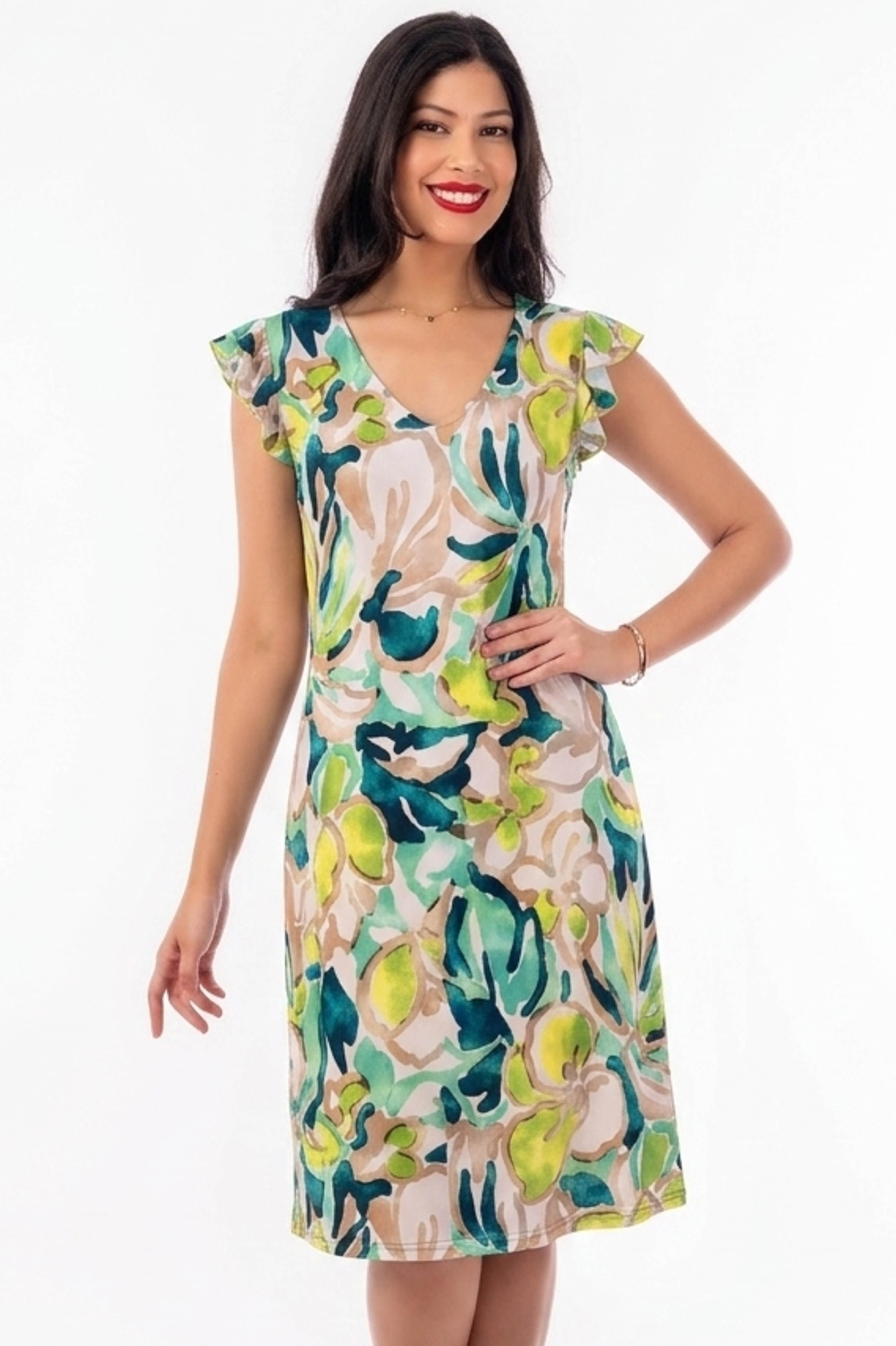 Vestido Midi estampado con escote en pico y manga volante - Genuine