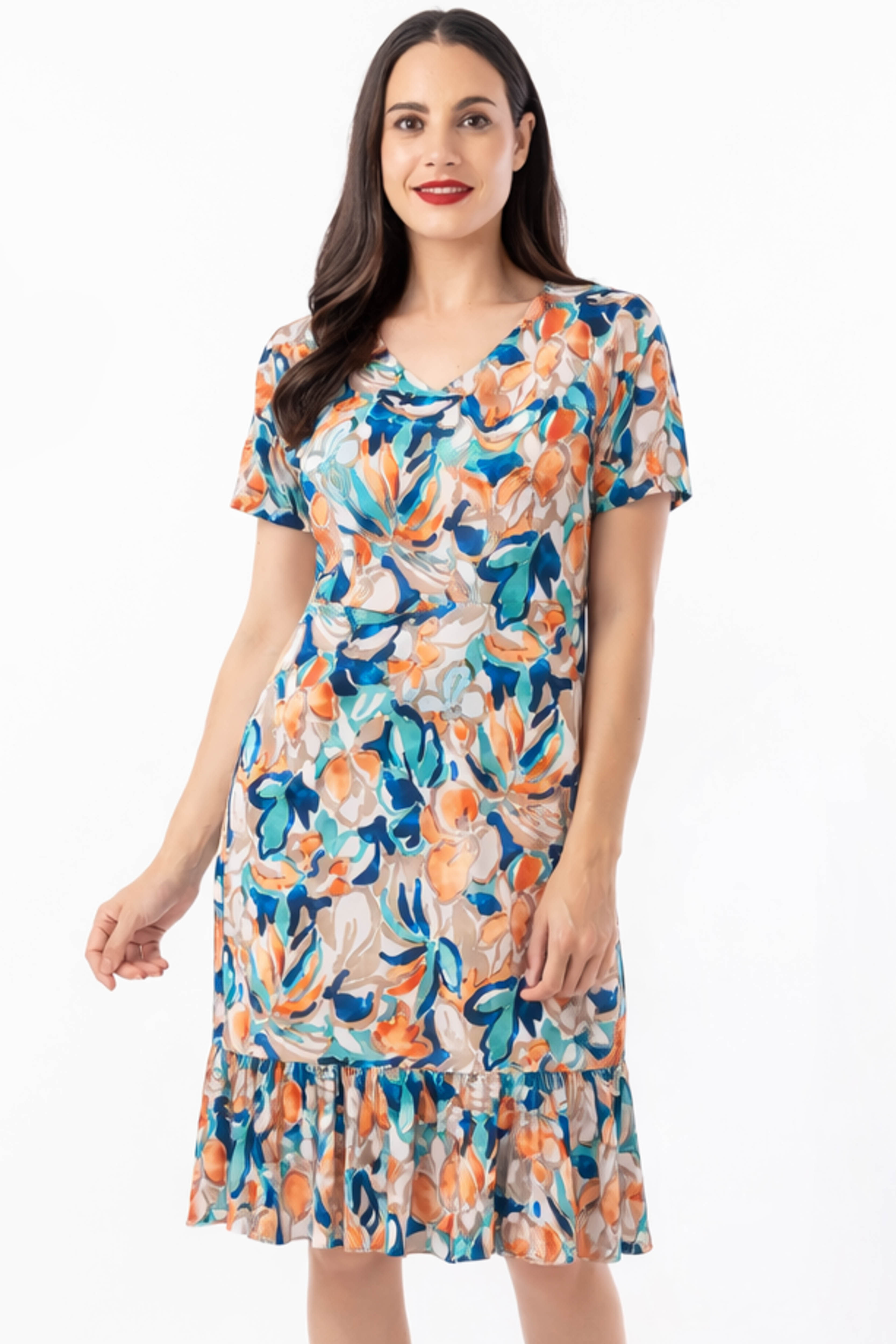 Vestido manga corta con cuello pico y bajo volante - Genuine