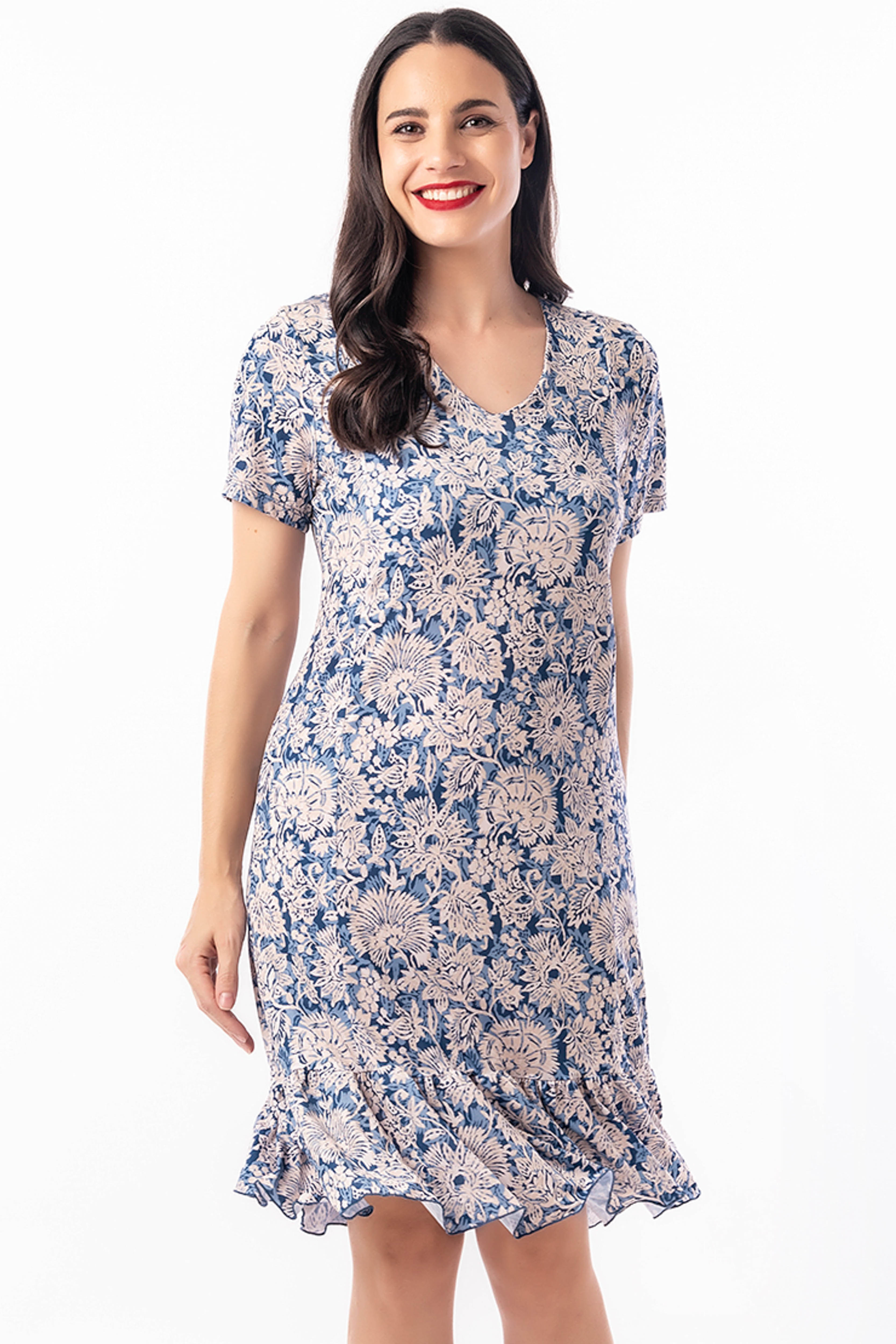 Vestido manga corta con cuello pico y bajo volante - Genuine