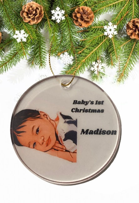 Thumbnail: Personalized Photo Christmas Ornament - CARTOON Image - Baby’s 1st Christmas