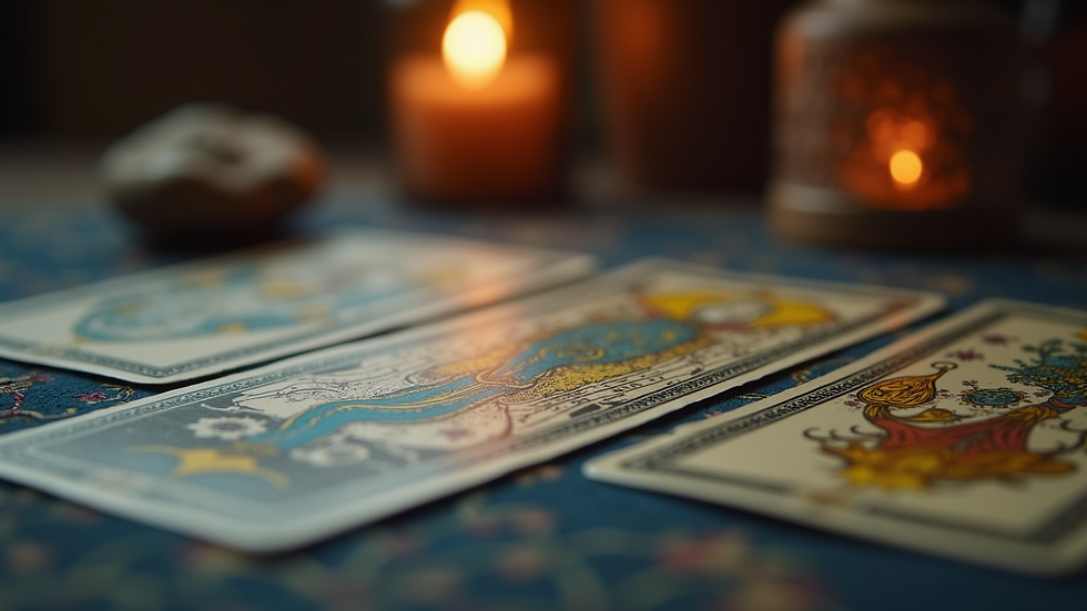 Close-up view of tarot cards spread on a table